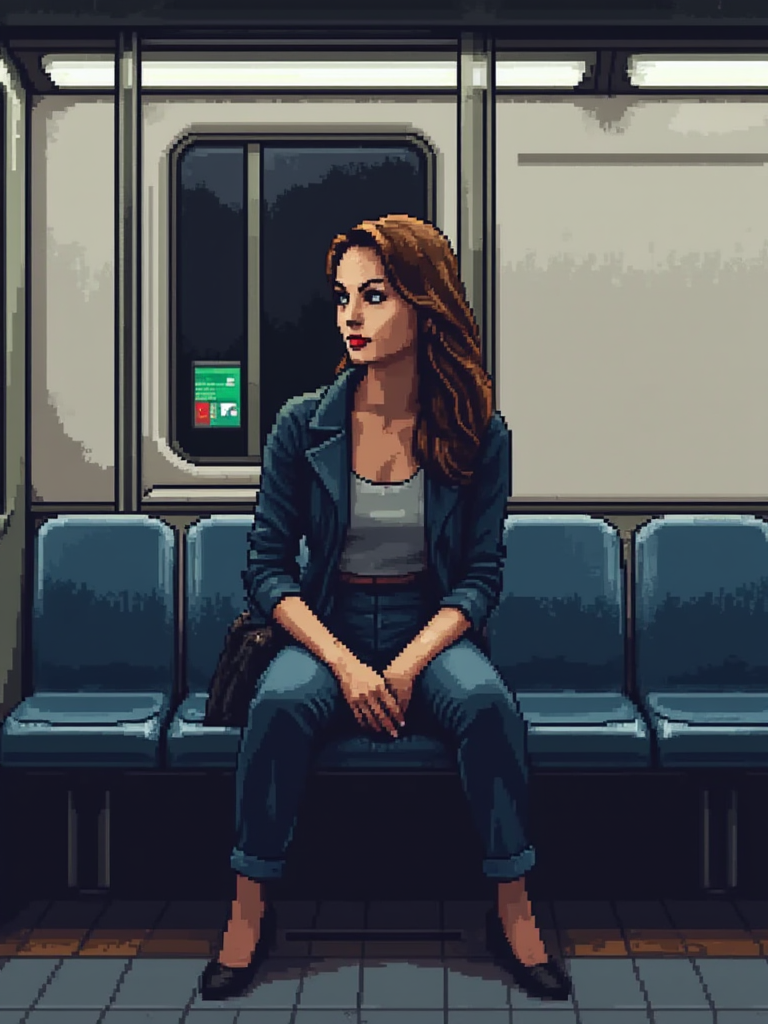 A pixel art illustration portrait of a woman. She is beautiful and elegant. She sits in a subway station.<lora:General Flux\pixel-art-rooms.safetensors:0.9:1.0>