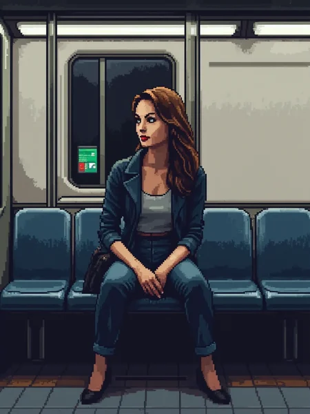 A pixel art illustration portrait of a woman. She is beautiful and elegant. She sits in a subway station.<lora:General Flux\pixel-art-rooms.safetensors:0.9:1.0>