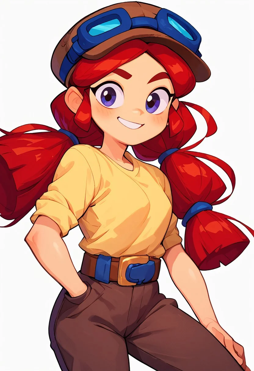 score_9, score_8_up, score_7_up, score_6_up, innocent and alluring, masterpiece, best quality, highly detailed, high contrast, detailed skin, 1girl, cute, bsjessie, red hair, pigtails, hat, goggles on headwear, yellow shirt, brown pants, belt, smile, white background, film grain