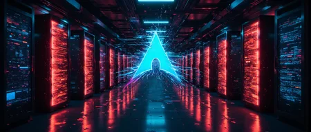 a neon blue arch linux logo in a futuristic data center server farm with orange lights on isles of computers in dark corridors. neon, panorama, ultrawide aspect ratio, photorealistic, wide angle lens, photography, glitched graphic, gl1tchc0re, detailed texture, cyberpunk, archlinuxlogo, ck-rw, in the style of ck-rw