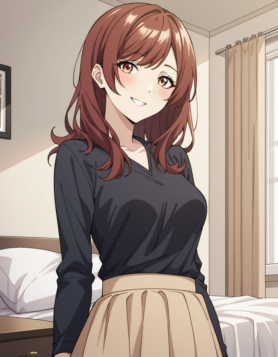 score_9, score_8_up, score_7_up, source_anime, uncensored, <lora:StS_detail_slider_v1:3>, zPDXLxxx, <lora:Miu_Midou_PONYXL_VexVexX:1>, MiuMidou, brown eyes, brown hair, red hair, long hair, bangs, medium breasts, black shirt, long skirt, brown skirt, cowboy shot, bedroom, __PERSPECTIVE__, __POSES_CLOTHES_2__, smile,