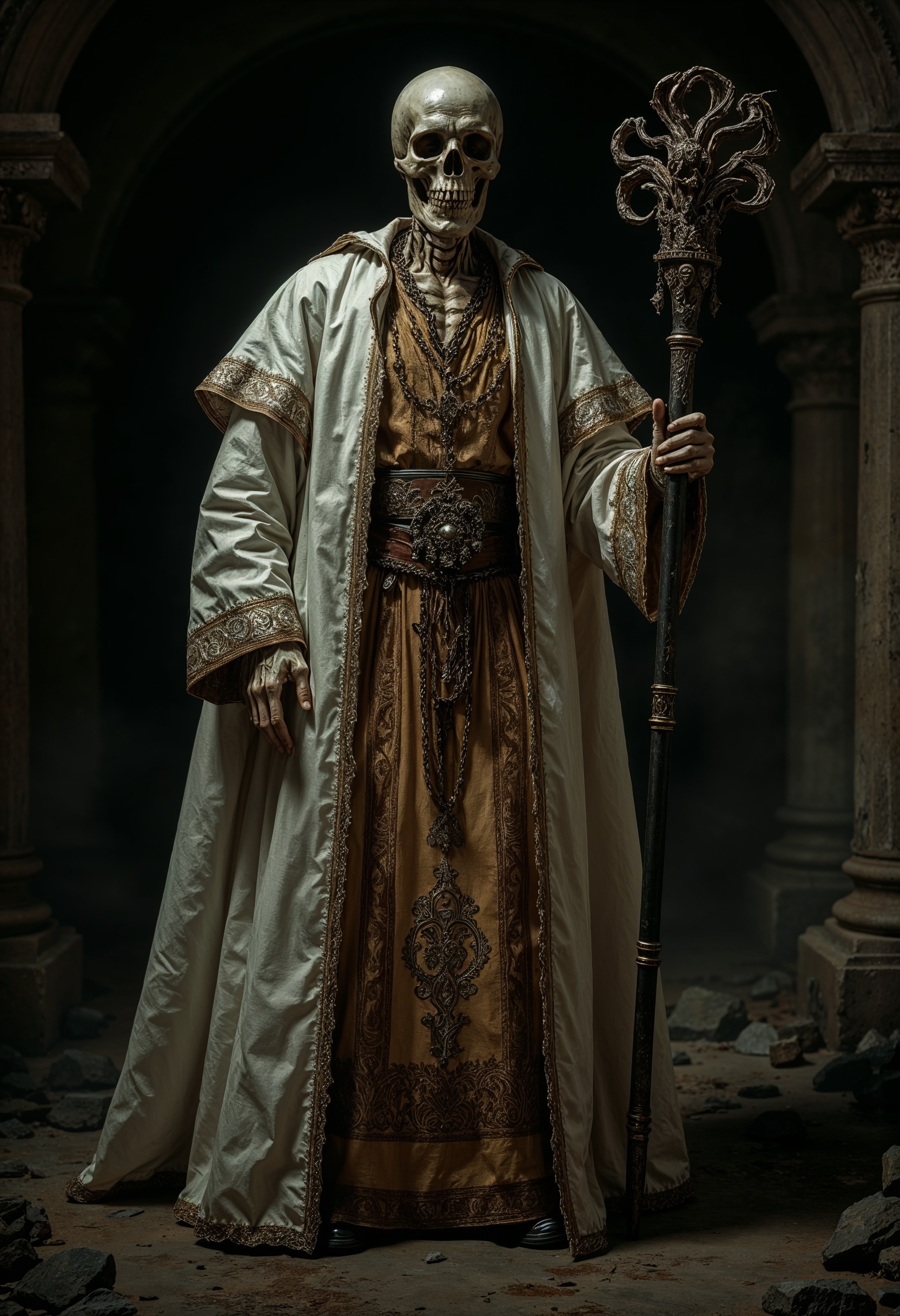 R3alism, fantasy photo of an evil male lich in an opulent but worn out white baroque dress with tan and brown accents and a crinoline. an undead skeleton necromancer holding a magic scepter. A grimoire hangs chained to his leather belt. evil laughter. he's wearing a , jewelry, metal pauldrons. skeleton hands. cel shading, dark fantasy, full length portrait, ancient, weathered, worn out clothing, dusty, dirty, rugged, dark background  <lora:FluxMythR3alism:1>