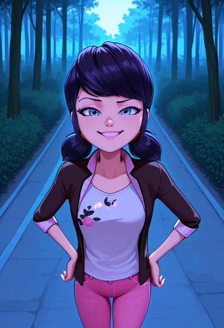 bright colors, detailed background,, volumetric light, vivid colours, standing,
looking at viewer, outdoors, overcast, dark, forest, vines, ponypositive, solo, solo focus, open hands on hip, single eyebrow lifted, smirk,
Marinette Dupain-Cheng, shoulder-length black hair with blue reflections tied back in pigtails, light pink lips, fair skin, bright bluebell eyes, unbuttoned jacket, white T-shirt, pink jeans,
Smooth Quality,
best quality, hyper detailed, ambient stylish expressive lighting, absolutely eye-catching masterpiece, body extremely close-up view, (facing viewer), forward, face extremely close-up shot, chest focus, selfie,