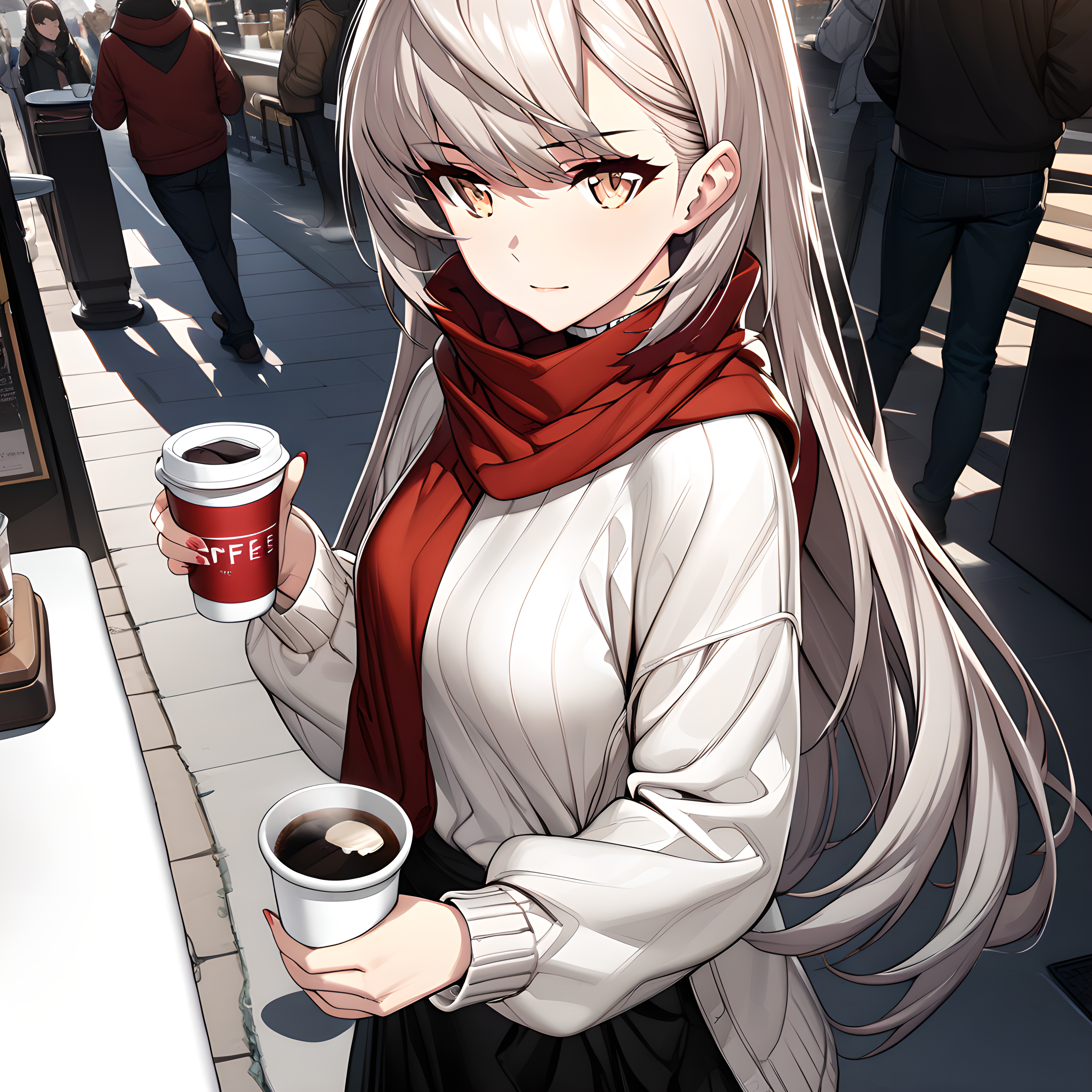 (masterpiece),(best quality),(ultra-detailed),(best illustration),(best shadow),(absurdres),(detailed background),(very aesthetic)hilde, cup, holding, coffee cup, holding cup, disposable cup, red scarf, white sweater, sweater, turtleneck, scarf , long hair, <lora:Hilde_-_CounterSide_SDXL_Animagine_XL_3.1:1>