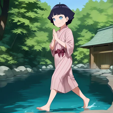 sharp focus, pixiv masterpiece, score_9, score_8_up, source_anime, score_7_up, best quality, highres, absurd res, BREAK
<lora:Himawari_Uzumaki_IL_v36:1>, uzumaki_himawari_il, 1girl, solo, blue_eyes, dark-blue_hair, short_hair, yukata, subtle_smile, hot spring, full body, (walking_on_water:2),hand sign, hands_together, detailed_feet