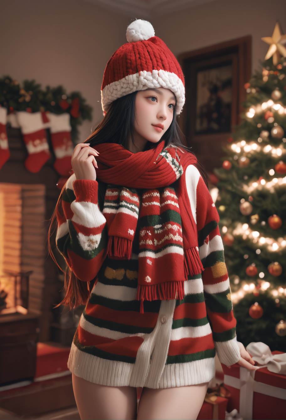1girl,,ruanyi1386,beanie,multicolored clothes,striped clothes,red scarf,christmas,standing,thigh gap,christmas tree,blurry background,<lora:1386 christmas_v1_pony:1>, score_9,score_8_up,score_7_up,,8k,solo,,