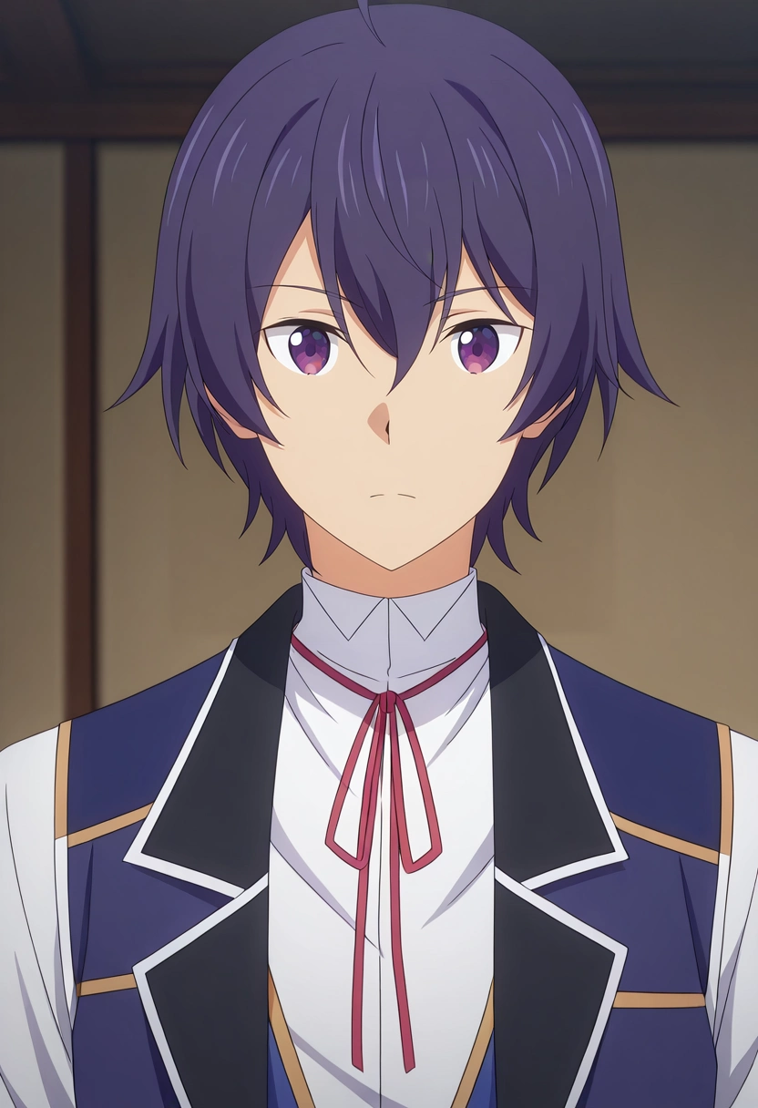 masterpiece, best quality, , anime screencap, anime coloring, official style, looking at viewer, 1boy, solo, male focus, <lora:shin_wolford_ilxl:0.98>, shin_wolford, purple hair, purple eyes, short hair, ahoge, hair between eyes, school uniform, red ribbon, vest, white shirt, neck ribbon