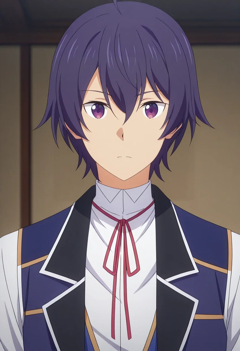 masterpiece, best quality, , anime screencap, anime coloring, official style, looking at viewer, 1boy, solo, male focus, <lora:shin_wolford_ilxl:0.98>, shin_wolford, purple hair, purple eyes, short hair, ahoge, hair between eyes, school uniform, red ribbon, vest, white shirt, neck ribbon
