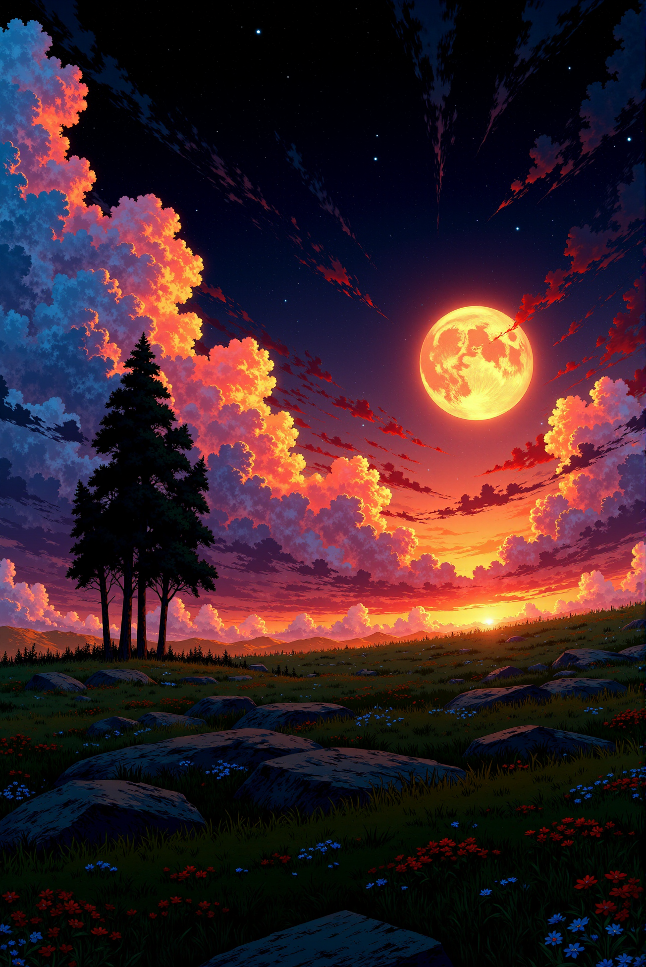 <lora:Anime_Sky:1.0> AnimeSky style. The image is a vibrant, detailed digital illustration in a style reminiscent of a highly detailed, colorful, and slightly stylized digital painting. The scene depicts a picturesque alpine landscape during sunset or sunrise, characterized by a rich, dynamic color palette. The sky is ablaze with hues of orange, pink, and purple, blending into a deeper blue, with fluffy, stylized clouds. In the foreground, a lush, verdant meadow filled with colorful wildflowers (including red, blue, and purple) stretches out. The foreground is speckled with large, irregularly shaped rocks. A rustic cabin, weathered and made of wooden planks, stands on the left side of the meadow. The cabin features a small porch and windows, hinting at a cozy, lived-in feel. The middle ground is dominated by a dense forest of dark green evergreen trees, creating a dense, lush canopy.
