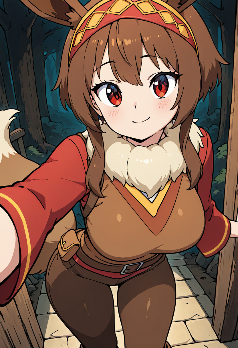 masterpiece, best quality, solo, curvy, beautiful eyes, narrow waist, wide hips, 1girl, solo, smile, looking at viewer, dynamic angle, foreshortening, close up,    zzMegu, red eyes, short hair, brown hair, short hair with long locks,   ,<lora:MeguminKonosubaCSV_IXL_v1:0.7>,  large breasts, [Eevee Adventurer], brown and beige utility vest with fur collar, rugged cargo pants with patchwork details, comfortable brown boots, ears shaped headband with fluffy tails attached, pouch with adventure essentials, surrounded by different types of Pokéballs, standing at the edge of a vast forest ready to explore,