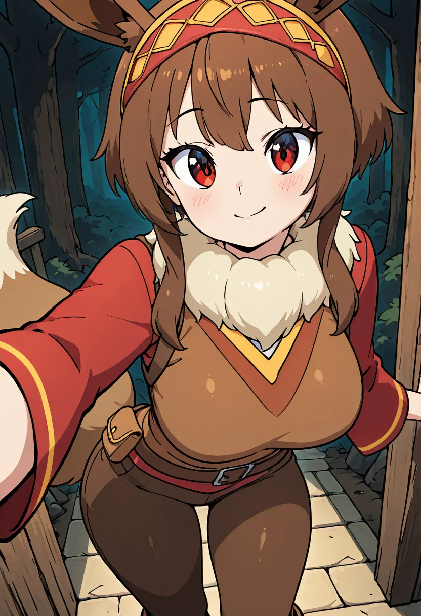 masterpiece, best quality, solo, curvy, beautiful eyes, narrow waist, wide hips, 1girl, solo, smile, looking at viewer, dynamic angle, foreshortening, close up,    zzMegu, red eyes, short hair, brown hair, short hair with long locks,   ,<lora:MeguminKonosubaCSV_IXL_v1:0.7>,  large breasts, [Eevee Adventurer], brown and beige utility vest with fur collar, rugged cargo pants with patchwork details, comfortable brown boots, ears shaped headband with fluffy tails attached, pouch with adventure essentials, surrounded by different types of Pokéballs, standing at the edge of a vast forest ready to explore,