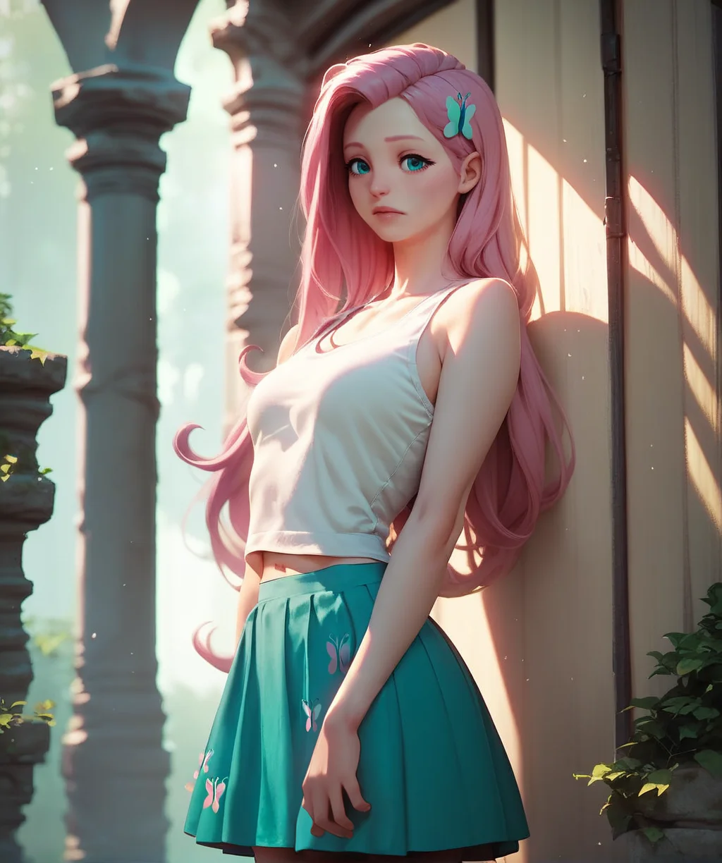 score_9, score_8_up, score_7_up, score_6_up, score_5_up, score_4_up, source_anime, rating_suggestive, (fluttershy, pale skin),skirt, tank top,masterpiece, detailed soft lighting, outdoors,<lora:mfcgXL:1>