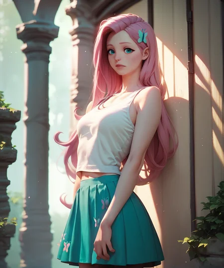 score_9, score_8_up, score_7_up, score_6_up, score_5_up, score_4_up, source_anime, rating_suggestive, (fluttershy, pale skin),skirt, tank top,masterpiece, detailed soft lighting, outdoors,<lora:mfcgXL:1>