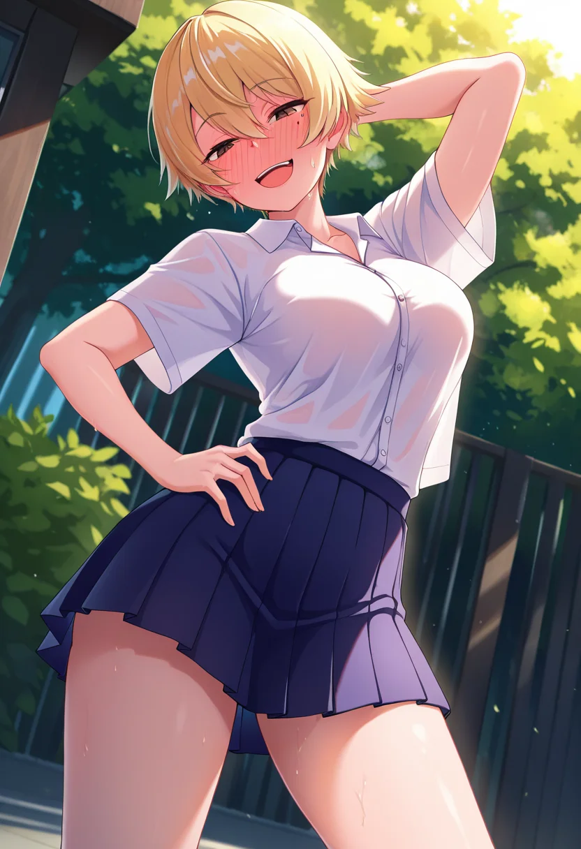masterpiece, best quality, amazing quality, 1girl, solo, nanamiww, brown eyes, blonde hair, short hair, hair between eyes, medium breasts, mole under eye, school uniform, collared shirt, short sleeves, pleated skirt, <lora:Nanami_Niwasaki_Poolside_ill_v20:0.9>, (dutch angle), (standing, s-shape pose, contrapposto), (arm behind head, arm up, hand on own hip), (smirk), open mouth, teeth, upper teeth only, full-face blush, looking at viewer, sweat, sweatdrop, sweat on body, nervous sweating, outdoors, skindentation, detailed clothing folds, depth of field, sharp, high contrast, dynamic light