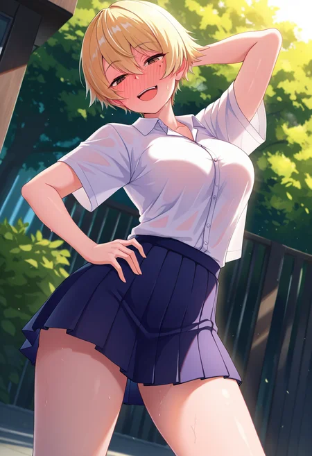 masterpiece, best quality, amazing quality, 1girl, solo, nanamiww, brown eyes, blonde hair, short hair, hair between eyes, medium breasts, mole under eye, school uniform, collared shirt, short sleeves, pleated skirt, <lora:Nanami_Niwasaki_Poolside_ill_v20:0.9>, (dutch angle), (standing, s-shape pose, contrapposto), (arm behind head, arm up, hand on own hip), (smirk), open mouth, teeth, upper teeth only, full-face blush, looking at viewer, sweat, sweatdrop, sweat on body, nervous sweating, outdoors, skindentation, detailed clothing folds, depth of field, sharp, high contrast, dynamic light