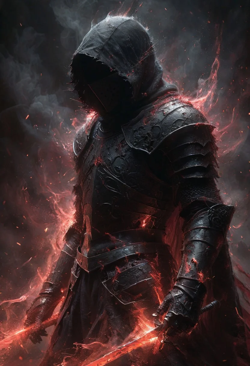 solo, clad in black armor with glowing crimson accents, his armor is a masterpiece of Eldritch craftsmanship, intricate details and a hood that obscures his eyes,
he holds a massive sword, its blade etched with ancient glowing red runes. tendrils of black fog,
detailed intricate black gothic armor, hooded cloak, dark contrast and cinematic lighting, soul knight, ais-darkpartz