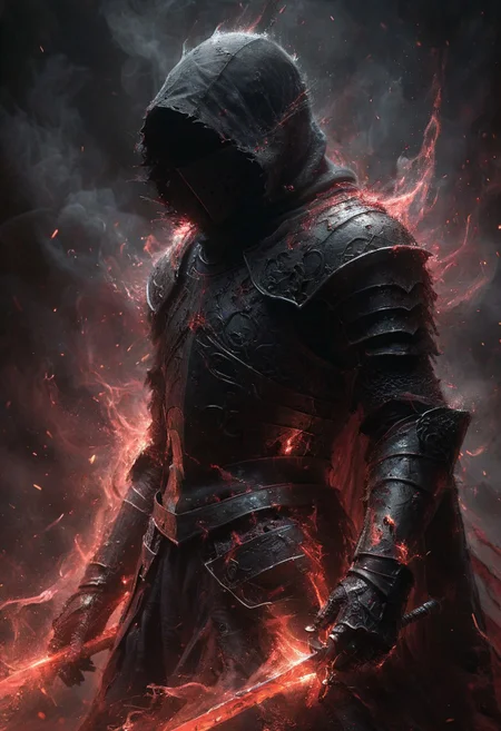 solo, clad in black armor with glowing crimson accents, his armor is a masterpiece of Eldritch craftsmanship, intricate details and a hood that obscures his eyes, 
he holds a massive sword, its blade etched with ancient glowing red runes. tendrils of black fog, 
detailed intricate black gothic armor, hooded cloak, dark contrast and cinematic lighting, soul knight, ais-darkpartz