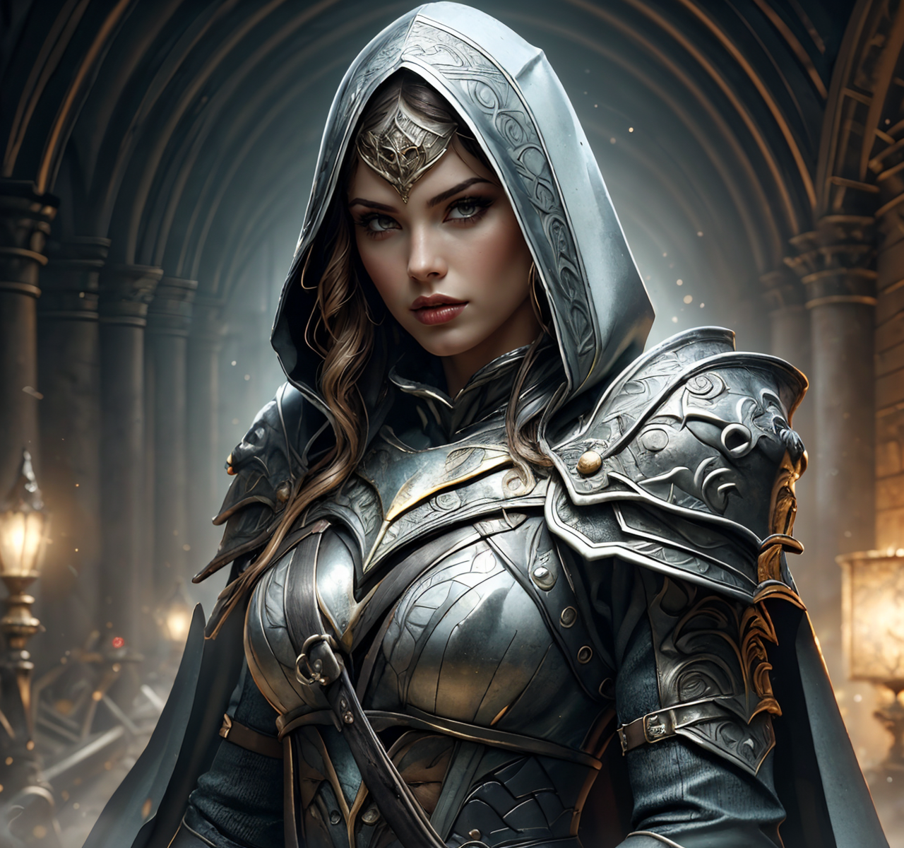 RAW photo, (masterpiece:1.3), subsurface scattering, heavy shadow, (high quality:1.4), (intricate, high detail:1.2), professional photography, HDR, High Dynamic Range, realistic, ultra realistic, photorealistic, high resolution, film photography, ambient lighting, atmospheric effects, <lora:detail_slider_v4:2>, OverallDetail, <lora:Clerics:0.8>, (evil) female cleric, upper body, black intricate armor, black cape, hood, epiCPhoto