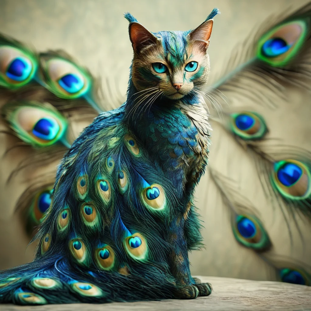 pavolaris cat full body with peacock feathers, professional photo, expressive, detailed, sharpened, cinematic<lora:pavolaris:1>