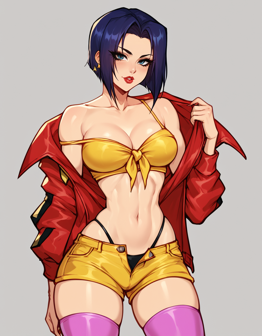 score_9, score_8_up, 2D, blushyspicy, 1girl, solo, wide hips, narrow waist, faye_valentine, red jacket, off shoulder jacket, yellow tied top, yellow shorts, black thong straps, pink thigh highs <lora:BlushySDXL:1>