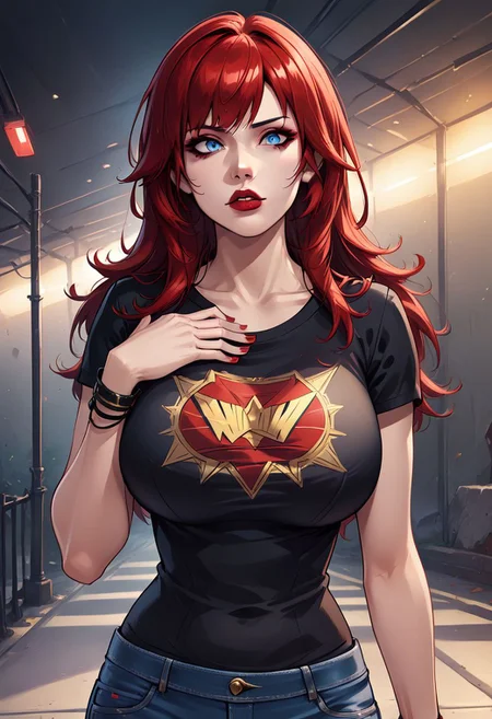 osgndkz, 1girl, denim, blue eyes, solo, red hair, shirt, breasts, jeans, pants, red lips, black shirt, jewelry, parted lips, t-shirt, long hair, large breasts, hand on own chest, bracelet, makeup, nail polish, short sleeves, red nails, collarbone, lips, lipstick, print shirt, blue pants, cowboy shot, bangs, osenayan, zPDXL