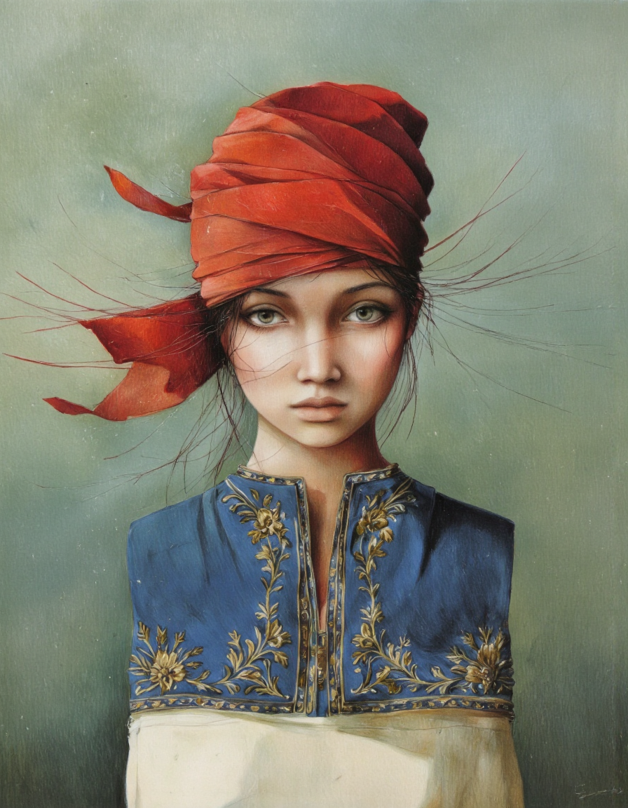 By Rébecca Dautremer. A portrait of a young woman with long black hair and a red headscarf, painted in a realistic style with a muted color palette. the woman is positioned in the middle of the image, facing the viewer with her green eyes looking directly at the viewer. she has a neutral expression and is wearing a blue and white dress with intricate gold embroidery along the neckline. her hair is styled in a long, flowing manner, with strands of black hair framing her face. the background is a simple, muted green, providing a subtle contrast to the woman's striking features. the artwork is signed by the artist in the bottom right corner, adding a personal touch to the artwork.