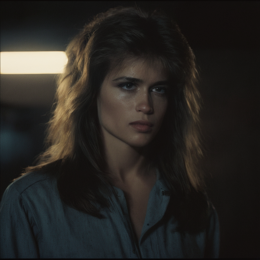cinematic film still of  <lora:Terminator style:0.8>
In the 1980's Sarah Connor a profile pose of a very beautiful woman with a very long hair posing for a picture,1girl,solo,brown hair,nude,lips,border,freckles,realistic,black border , horror themed, dark themed, low key light, dramatic light, dramatic shadow light, contrast, cinematic color, cinematic look, filmic, realistic, realism, perfection, perfect, Kodak, Kodak film, movie still, Terminator style, The Terminator 1984 Film style, shallow depth of field, vignette, highly detailed, high budget, bokeh, cinemascope, moody, epic, gorgeous, film grain, grainy