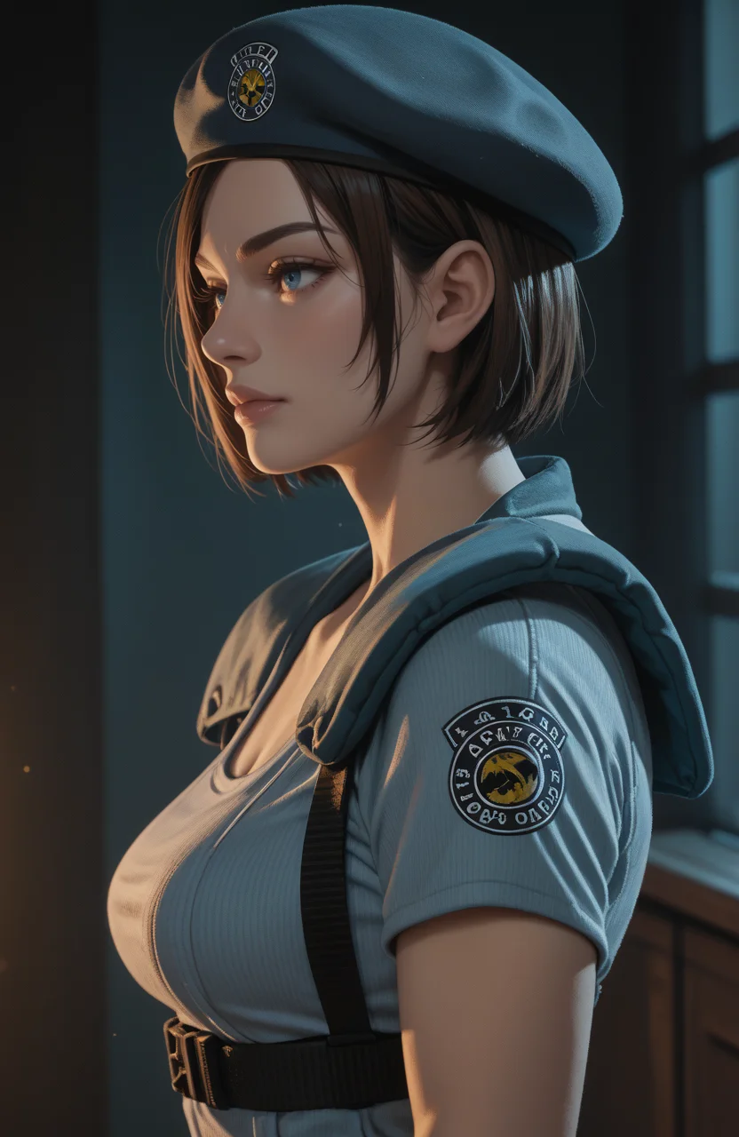 score_9, score_8_up, score_7_up, score_6_up, score_5_up, score_4_up, photoshop \(medium\), <lora:REJill_t1-000022-128:1.0> RE1Jill, blue eyes, brown bob cut, beret, breasts, fingerless gloves
, from side
, dark environment, mansion, indoors, moody lighting