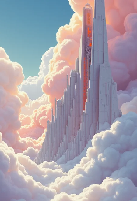 Imagine a masterpiece that blends the ethereal whimsy of Edmund Dulac's illustrations with the futuristic elegance of Syd Mead's designs. The photograph presents a majestic structure, sliced diagonally into two halves: the left half is made of soft, flowing clouds, while the right half consists of smooth, polished marble.The clouds, in pastel shades of lavender and peach, drift gracefully from the top to the bottom of the image, creating a dreamy, ethereal backdrop. They seem almost tangible, as if you could reach out and touch them. The marble portion, on the other hand, is meticulously detailed with intricate patterns and textures that reflect light in mesmerizing ways, giving it an almost holographic quality.The structure itself—a grand architectural marvel—melds these two very different materials seamlessly. Its upper half, shaped like a soaring tower or perhaps a floating dome, contrasts sharply yet harmoniously with the lower half of marble. The diagonal cut creates a sense of motion and dynamism, as if the building is in the process of transforming from one material to another.The overall composition is a perfect blend of the vintage charm and fantasy of Dulac's illustrative style with Mead’s futuristic vision. The colors are soft yet vibrant, creating a mood that is simultaneously magical and modern. The viewer is left with a sense of wonder at the imaginative collaboration between these two iconic artists, where reality and imagination intersect in a breathtaking visual symphony. aidmaMJ6.1.