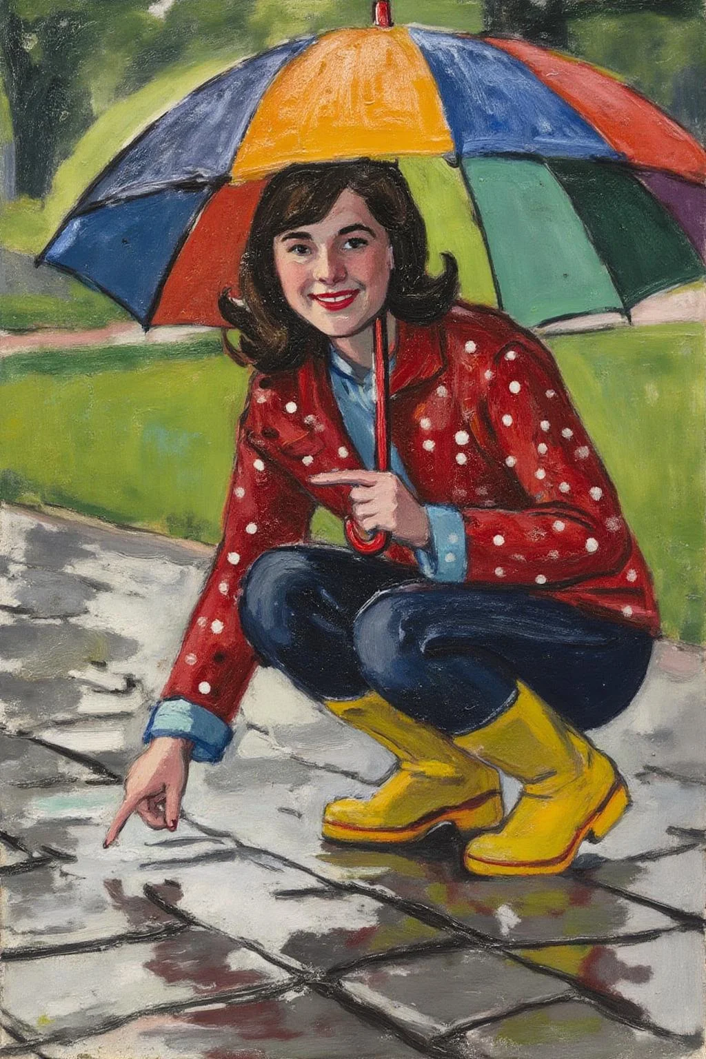 henrylymansayen1 painting.
A young woman, angled from slightly above and to the right, crouching low to the ground in a puddle. The young woman is wearing bright yellow rubber boots and a red jacket with white polka dots. The jacket sleeves are pushed up to reveal blue cuffs. The young woman also wears dark blue jeans and has a smile on her face as she extends her right index finger to touch the water in the puddle. She holds a large, open umbrella with rainbow-colored panels and a red handle over her.
The ground is wet and paved with grey stones, reflecting the sky and umbrella. The background is slightly blurred, showing hints of green grass and trees. The lighting is overcast and diffused, typical of a rainy day.
<lora:henrylymansayen1_cap_d6a3:1.0><lora:861469950496241007:0>