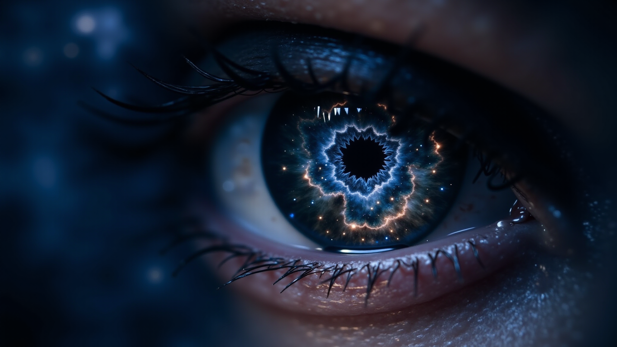 A captivating close-up shot reveals the depths of a womanâs eye, where her iris transforms into a cosmic fractal landscape drenched in deep blues and shadowy blacks. The swirling patterns of the fractal resemble dark nebulae filled with ethereal, smoky tendrils that twist and billow, creating an alluring sense of depth and mystery that draws the viewer in. Flecks of shimmering silver and dark violet punctuate the fractal, reminiscent of distant stars twinkling in the void. The intricate details of the iris, with its layered textures and rich colors, enhance the otherworldly appearance, while the sclera contrasts sharply with its luminous sheen, reflecting subtle highlights. In the blurred background, swirling gradients of midnight blue and shadowy grays further amplify the cosmic ambiance, while a muted mandelbrot pattern pulses faintly around the edges, enriching the scene with a sense of dark, retro-futurist cosmic surrealism.
<lora:C183kw8rx_v3_c5f1f0ef:1.4> <lora:retro-futurist-cosmic-surrealism-flux:1.1>