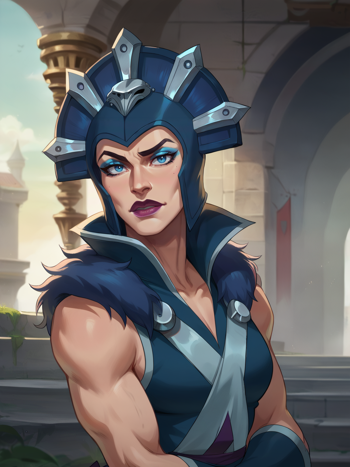 <lora:Evil Lyn:0.4> ev_ly, 1girl, blue eyes, blue eyeshadow,purple lips,athletic, dark blue helmet with crest, fur collar, blue bracers,dark blue sleeveless tunic with long apron <lora:Concept Art Brush Style LoRA_Pony XL v6:0.9> realistic, concept art, digital art, score_9, score_8_up, score_7_up,