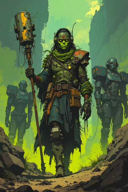 A tribal shaman walks through a battlefield of fallen mechs, his robes made from scraps of old technology woven with living vines. He carries a staff topped with a cracked power core that pulses with green energy. Giant mechanical husks lie half-buried in the earth, now serving as homes for new plant life. His face paint glows with bioluminescent pigments, while pieces of ancient armor decorated with tribal markings cover his shoulders. Fantastic lighting. Detailed shadows.intricate details, vivid colors, hyper-detailed, ultra-sharp,, ,in the style of cksc,anime, cyberpunk, DB4RZ, DB4RZ style painting <lora:CPA:0.5><lora:FLUX-daubrez-DB4RZ:0.3><lora:Luminous_Shadowscape-000016:0.3><lora:ck-shadow-circuit-000021:0.35>