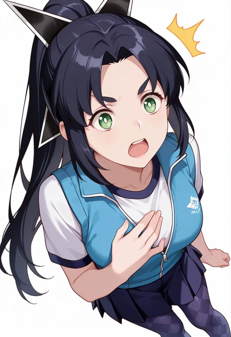 masterpiece,high quality details, ultra realistic, high detailed skin,absurdres,
hand on own chest,
<lora:Ayaka_Kusagakure:0.8>
ayaka_cnr, 1girl, black hair, long hair, ponytail,parted bangs, sidelocks, green eyes, hair ornament,, simple background, white background, dutch angle,solo,, surprised,v-shaped eyebrows,, button-up vest ,gym shirt,skirt,,argyle legwear,