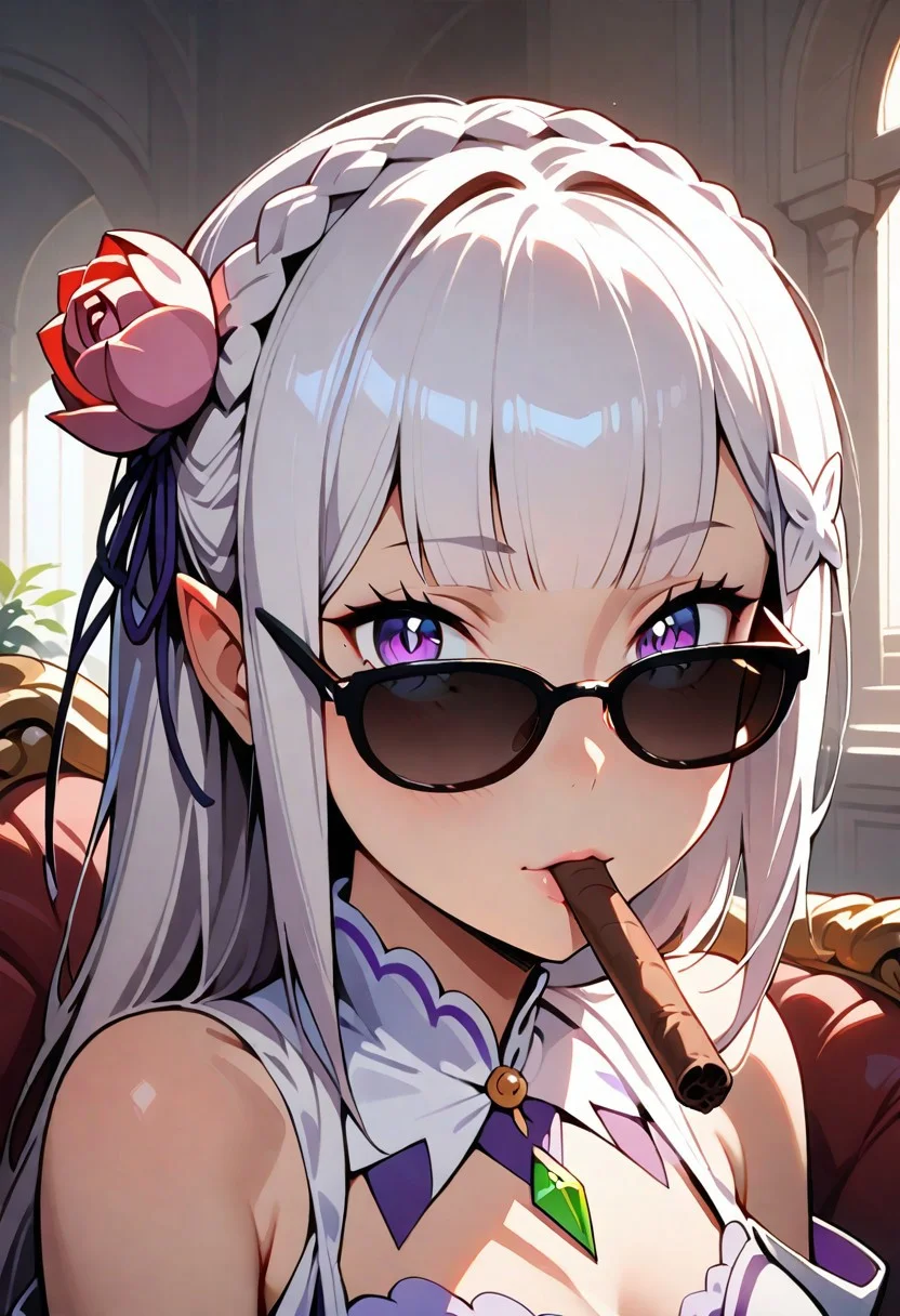 1girl, solo, emilia \(re:zero\), hair ornament, hair flower, bare shoulders, upper body, looking at viewer, smoking cigar, looking over eyewear, sunglasses, chaise longue, indoors, sidelighting, dark, masterpiece, best quality, very aesthetic, absurdres, re:zero kara hajimeru isekai seikatsu