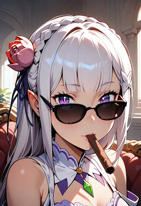 1girl, solo, emilia \(re:zero\), hair ornament, hair flower, bare shoulders, upper body, looking at viewer, smoking cigar, looking over eyewear, sunglasses, chaise longue, indoors, sidelighting, dark, masterpiece, best quality, very aesthetic, absurdres, re:zero kara hajimeru isekai seikatsu