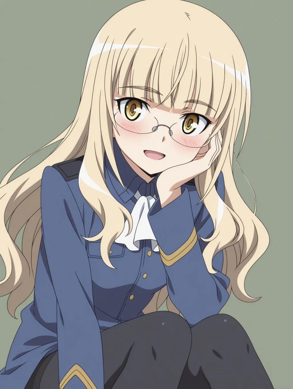 masterpiece, best quality, amazing quality, detailed background, perfect eyes, anime coloring, anime screenshot, 1girl, solo, perrine h. clostermann, blonde hair, long hair, yellow eyes, glasses, military uniform, blue jacket, long sleeves, ascot, black pantyhose, panties under pantyhose, looking at viewer, hand on own face, smile, blush, open mouth, (simple background, rose frame)