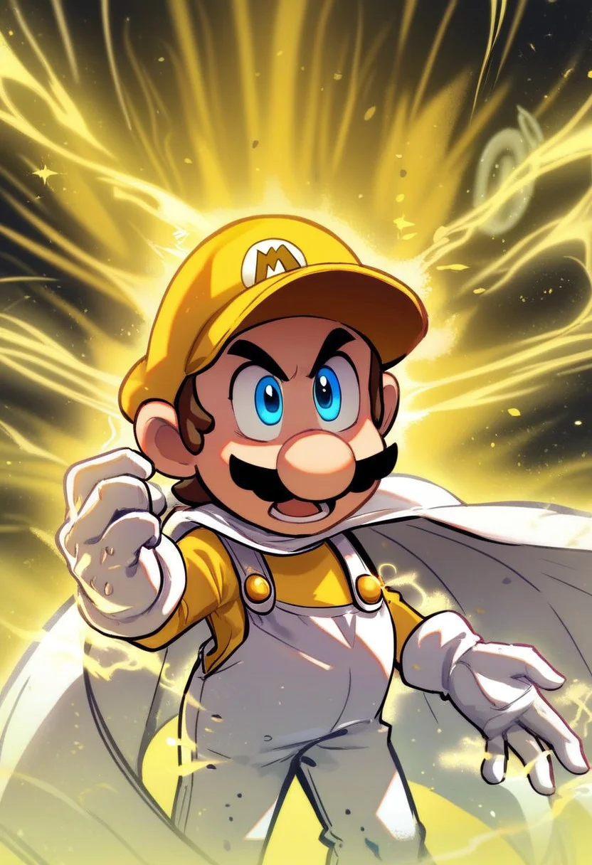 score_9, score_8_up, score_7_up , feet shoulder-width apart, knees slightly bent, strong grounded stance, arms bent at elbows, fists clenched tightly, open mouth, upper body,
Kipowerup,glowing energy field, sharp jagged energy waves,energy radiating from skin, yellow aura,big ki
   , masterpiece, beautiful,,ITMario,cartoon-style,yellow hat,yellow long-sleeved shirt, white overalls, white cape,moustache, round nose, white gloves, yellow buttons, brown hair, blue eyes, short hair,