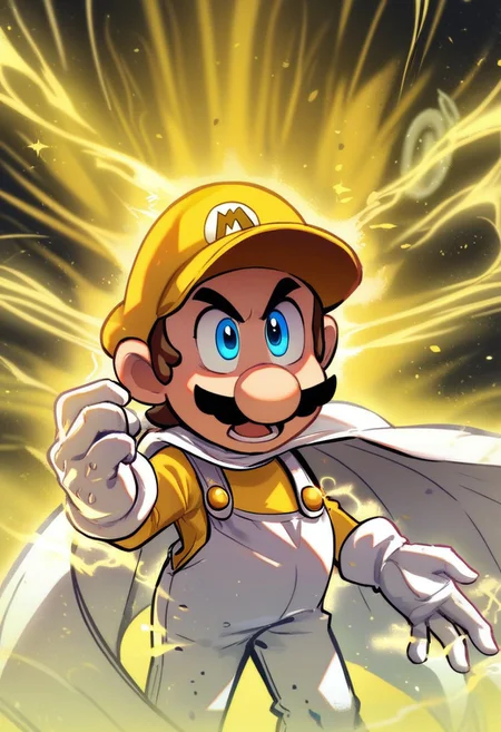 score_9, score_8_up, score_7_up , feet shoulder-width apart, knees slightly bent, strong grounded stance, arms bent at elbows, fists clenched tightly, open mouth, upper body,
Kipowerup,glowing energy field, sharp jagged energy waves,energy radiating from skin, yellow aura,big ki
   , masterpiece, beautiful,,ITMario,cartoon-style,yellow hat,yellow long-sleeved shirt, white overalls, white cape,moustache, round nose, white gloves, yellow buttons, brown hair, blue eyes, short hair,
