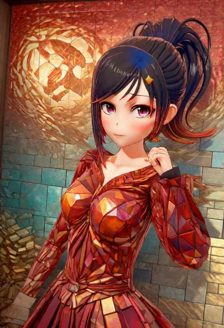 mural of a woman in the style of alphonse mucha made of separate tiles, dark red neon light shines through the tiles, 3d textures, 3d blocks, 3d shadows <lora:ral-bismut:1> ral-bismut , (masterpiece:1.2), best quality, (hyperdetailed, highest detailed:1.2), high resolution textures,ponytail
