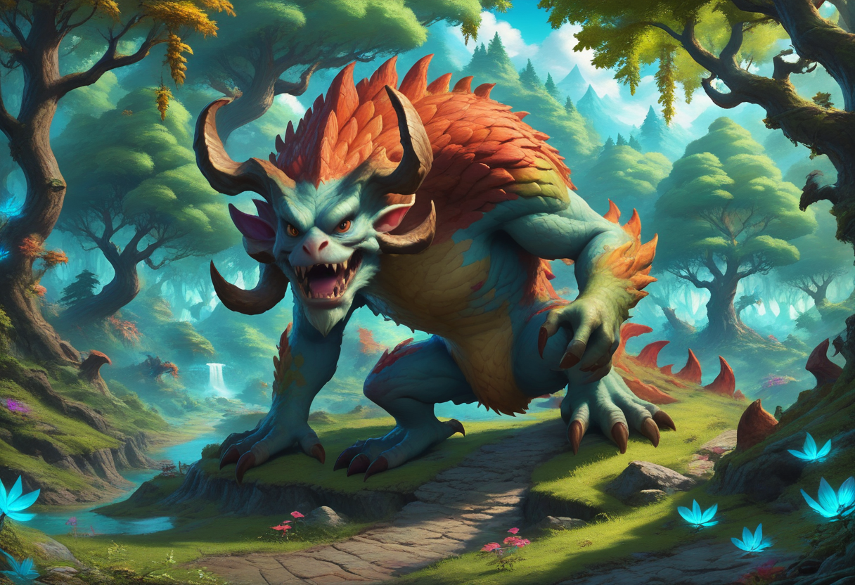 zPDXL, High Fantasy Realm landscape, noon, enchanted forest, vibrant colors, vibrant, mythical creatures and monsters, fantasy style