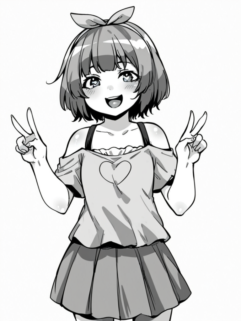 score_9, score_8_up, score_7_up,  
1girl, monochrome, mio tt, medium hair, grey hair, ribbon hairband, flat chest, 
standing, white background, v, smile, open mouth, heart shaped pupils, looking at viewer, 
t-shirt, off-shoulder shirt, short sleeves, skirt, 