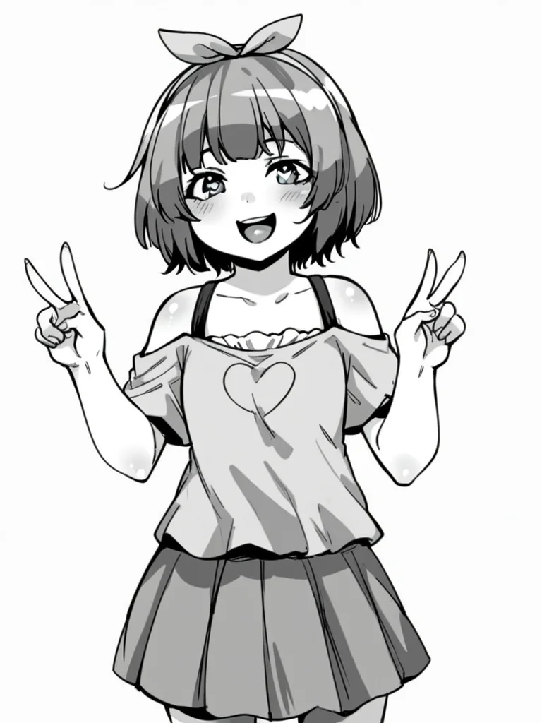 score_9, score_8_up, score_7_up,
1girl, monochrome, mio tt, medium hair, grey hair, ribbon hairband, flat chest,
standing, white background, v, smile, open mouth, heart shaped pupils, looking at viewer,
t-shirt, off-shoulder shirt, short sleeves, skirt,
