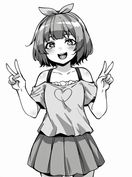 score_9, score_8_up, score_7_up,
1girl, monochrome, mio tt, medium hair, grey hair, ribbon hairband, flat chest,
standing, white background, v, smile, open mouth, heart shaped pupils, looking at viewer,
t-shirt, off-shoulder shirt, short sleeves, skirt,