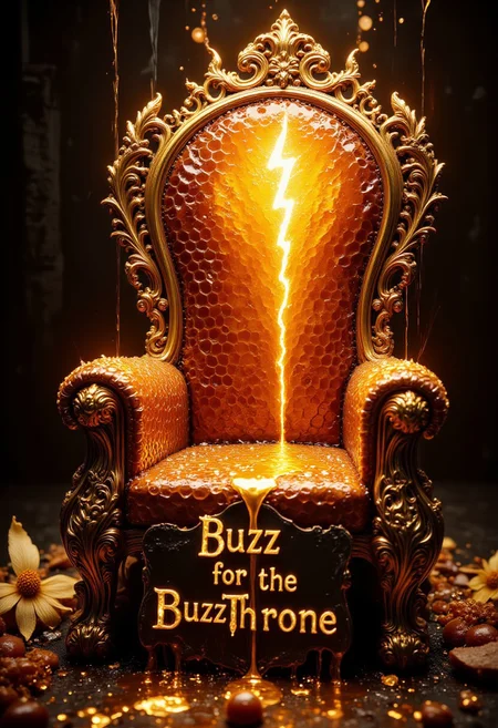 A golden throne made of honey comb, inside of each comb is a glowing gold lightning symbol, (on the throne is a sign the says "Buzz for the BuzzThrone"), dripping golden honey drops, dripping liquid gold, golden reflections, intricate details // detailed digital hyper realistic intricate details, HDR, beautifully shot, hyper realistic, sharp focus, 64 megapixels, perfect composition, high contrast, cinematic, atmospheric, moody