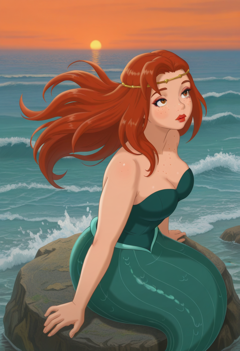 Graphic Design, color art, vibrant colors, colorful, intricate details, high contrast, detailed background, beautiful detailed, beautiful face, detailed eyes, detailed face, new, 1girl, solo, m3rm41d, monster girl, mermaid, red hair, long hair, circlet, freckles, makeup, red lipstick, strapless, green dress, cleavage, dynamic pose, cowboy shot, sitting on stone, low angel, perspective, ocean, sunset, orange sky, evening, wind, waves, water splashes, sea foam, (masterpiece, best quality, newest, recent, absurdres),