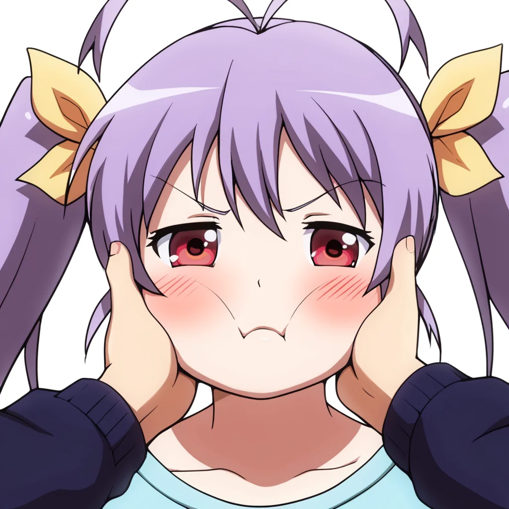 score_9, score_8_up, score_7_up, BREAK, BREAK source_anime,
detailed eyes, beautiful eyes, solo, angry,blushing, chubby cheeks,
grabbed_the_cheeks, face focus, 1girl, hands on face, ahoge, anime style, cute,
renge miyauchi, long hair, red eyes, ribbon, twintails, hair ribbon, purple hair, antenna hair,baby face
<lora:grabbed_the_cheeks_pony_xl:0.6> <lora:renge-miyauchi-s3-ponyxl-lora-nochekaiser:0.7>