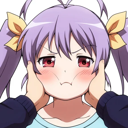 score_9, score_8_up, score_7_up, BREAK, BREAK source_anime,
detailed eyes, beautiful eyes, solo, angry,blushing, chubby cheeks,
grabbed_the_cheeks, face focus, 1girl, hands on face, ahoge, anime style, cute,
renge miyauchi, long hair, red eyes, ribbon, twintails, hair ribbon, purple hair, antenna hair,baby face
<lora:grabbed_the_cheeks_pony_xl:0.6> <lora:renge-miyauchi-s3-ponyxl-lora-nochekaiser:0.7>