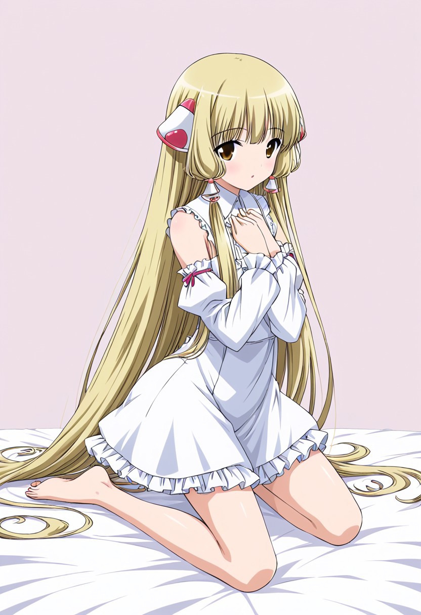 1 girl, alone, long hair, blonde hair, very long hair, hair tubes, robot ears, brown eyes, white dress, frilly dress, loose sleeves, barefoot, kneeling, rishi background