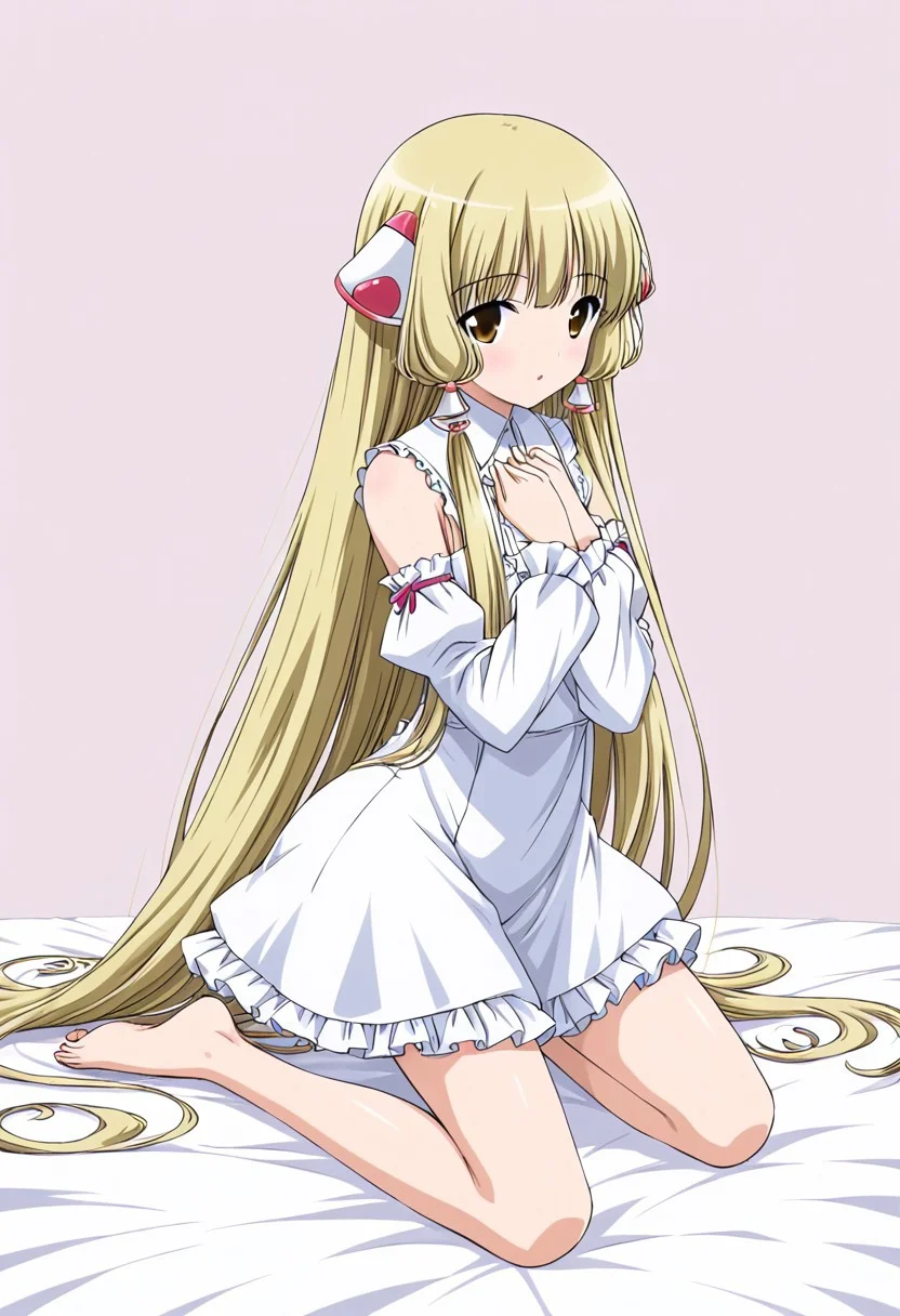 1 girl, alone, long hair, blonde hair, very long hair, hair tubes, robot ears, brown eyes, white dress, frilly dress, loose sleeves, barefoot, kneeling, rishi background